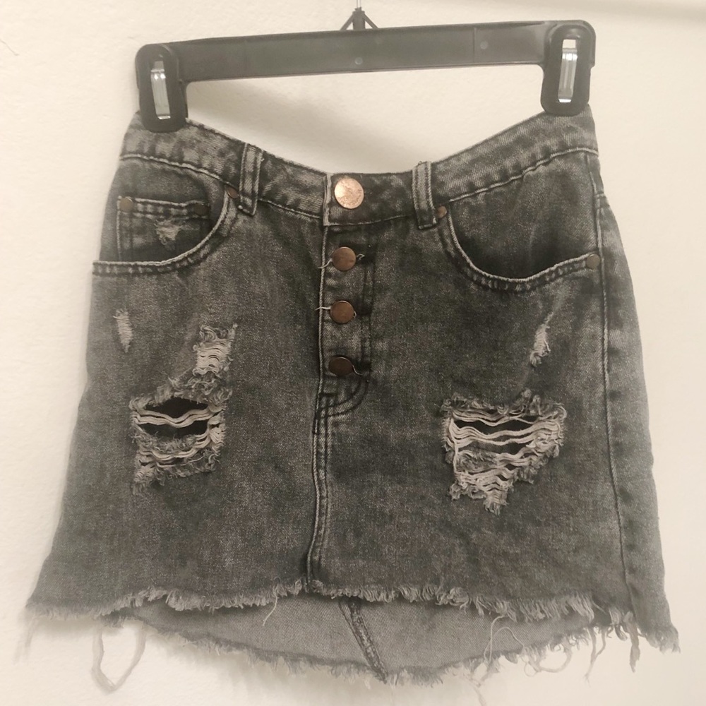 Gray Distressed Denim Skirt